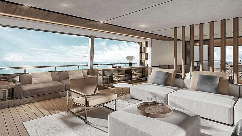 a living room with a large window aboard KATHRYN Yacht for Sale