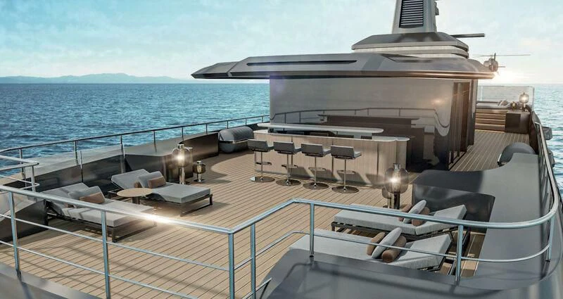 a deck with a large ship on it and a couple of chairs on it aboard KATHRYN Yacht for Sale