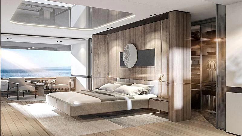 a room with a bed and a window aboard KATHRYN Yacht for Sale
