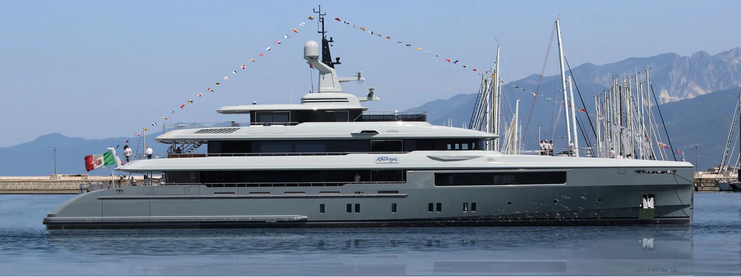 a large white boat with a red crane on it aboard KATHRYN Yacht for Sale