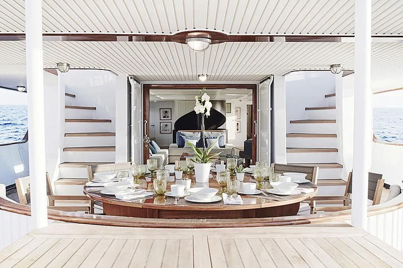 a table with plates and glasses on it aboard MENORCA Yacht for Sale