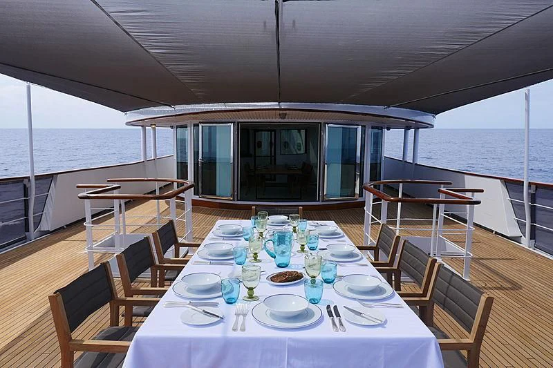 a table set for a meal on a boat aboard MENORCA Yacht for Sale