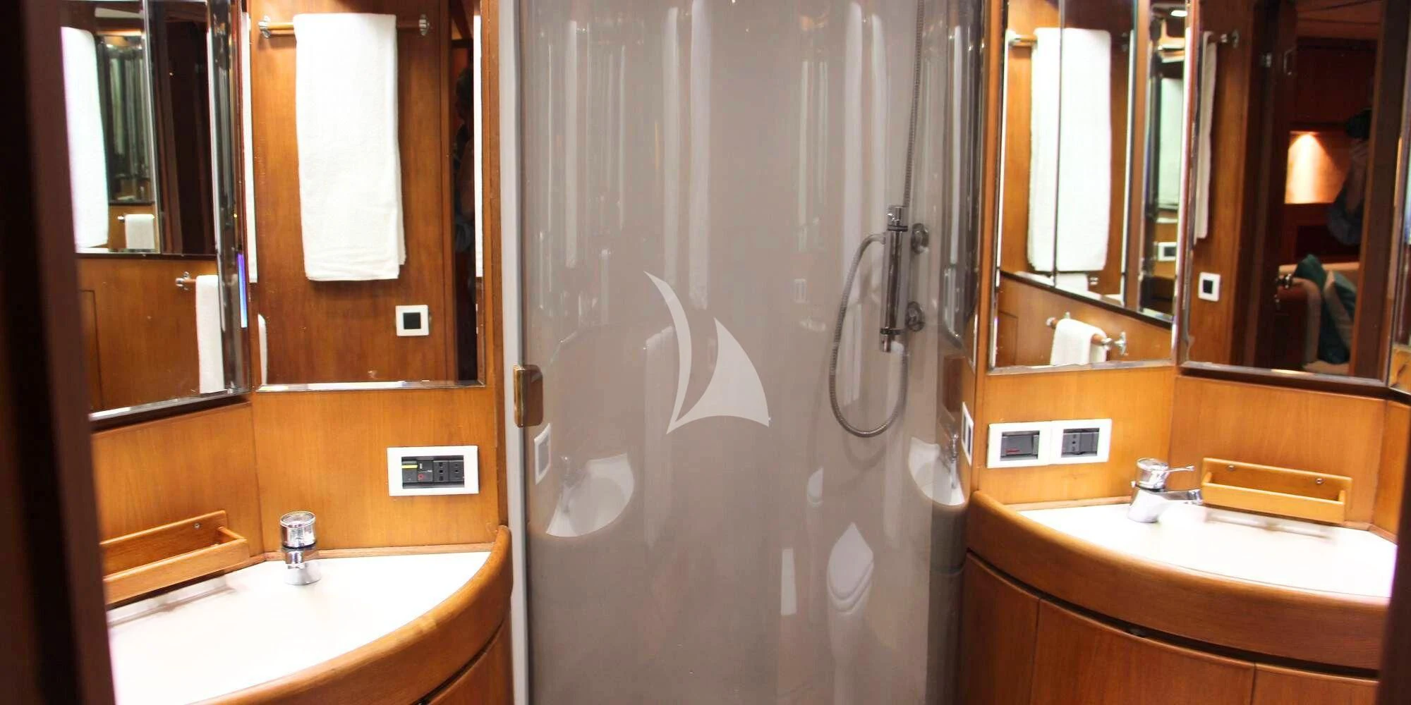 a bathroom with a shower curtain aboard WALLY ONE Yacht for Sale