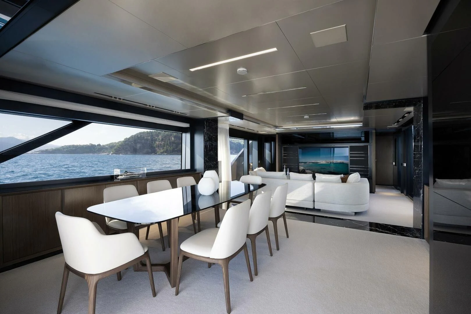 a room with tables and chairs aboard ALEGRA Yacht for Sale