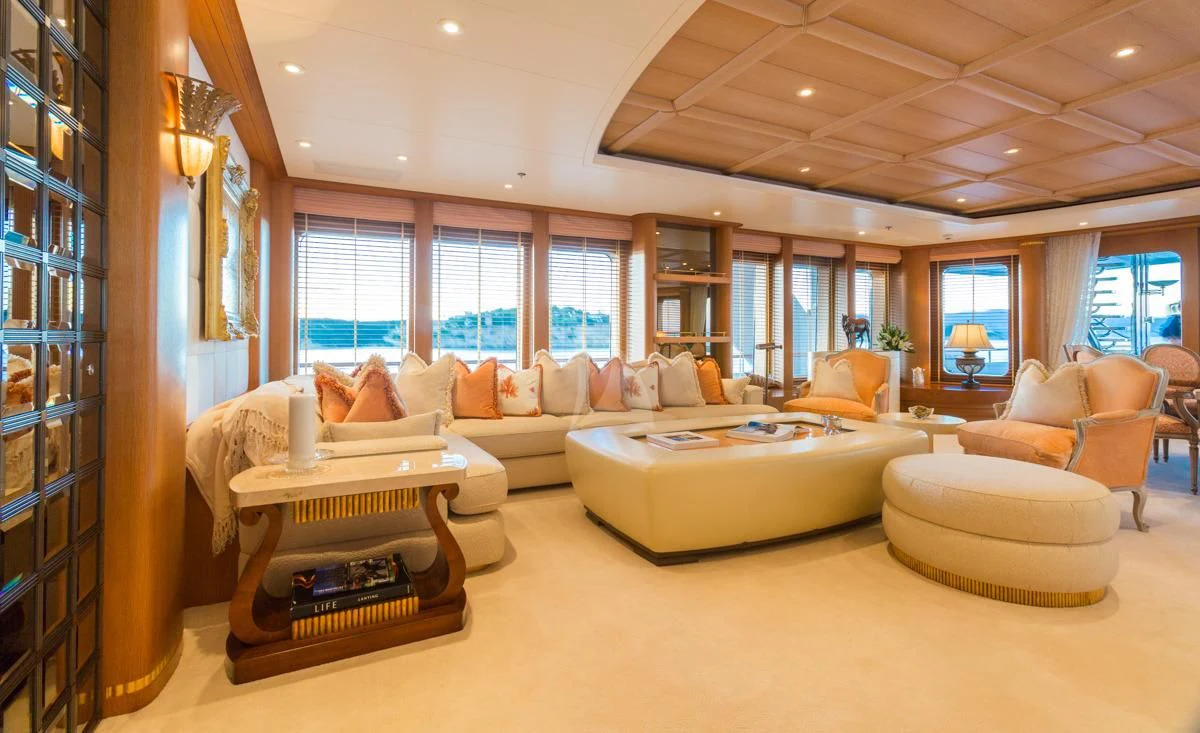 a living room with a large window aboard NECTAR Yacht for Sale