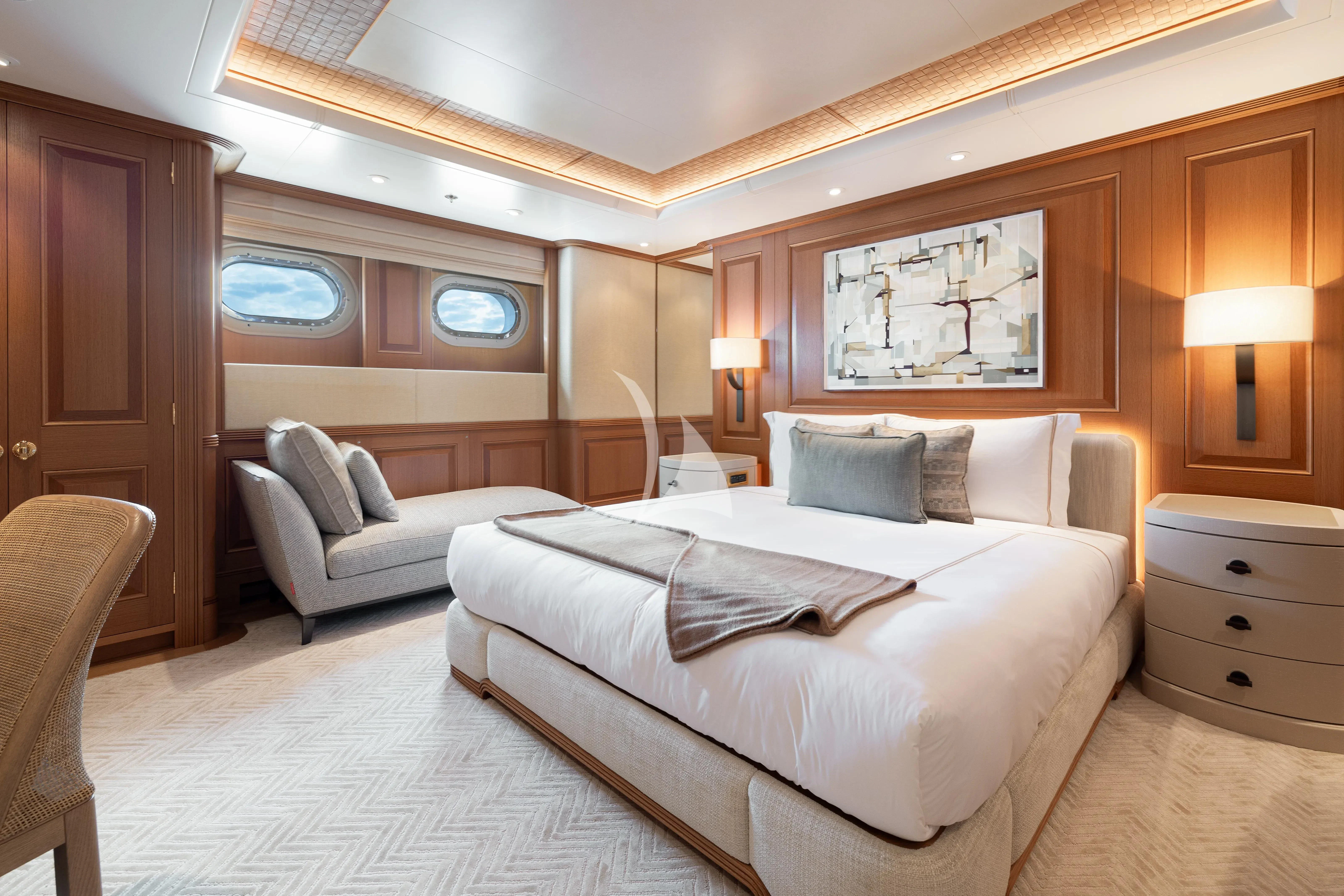 a large bedroom with a large bed aboard NECTAR Yacht for Sale