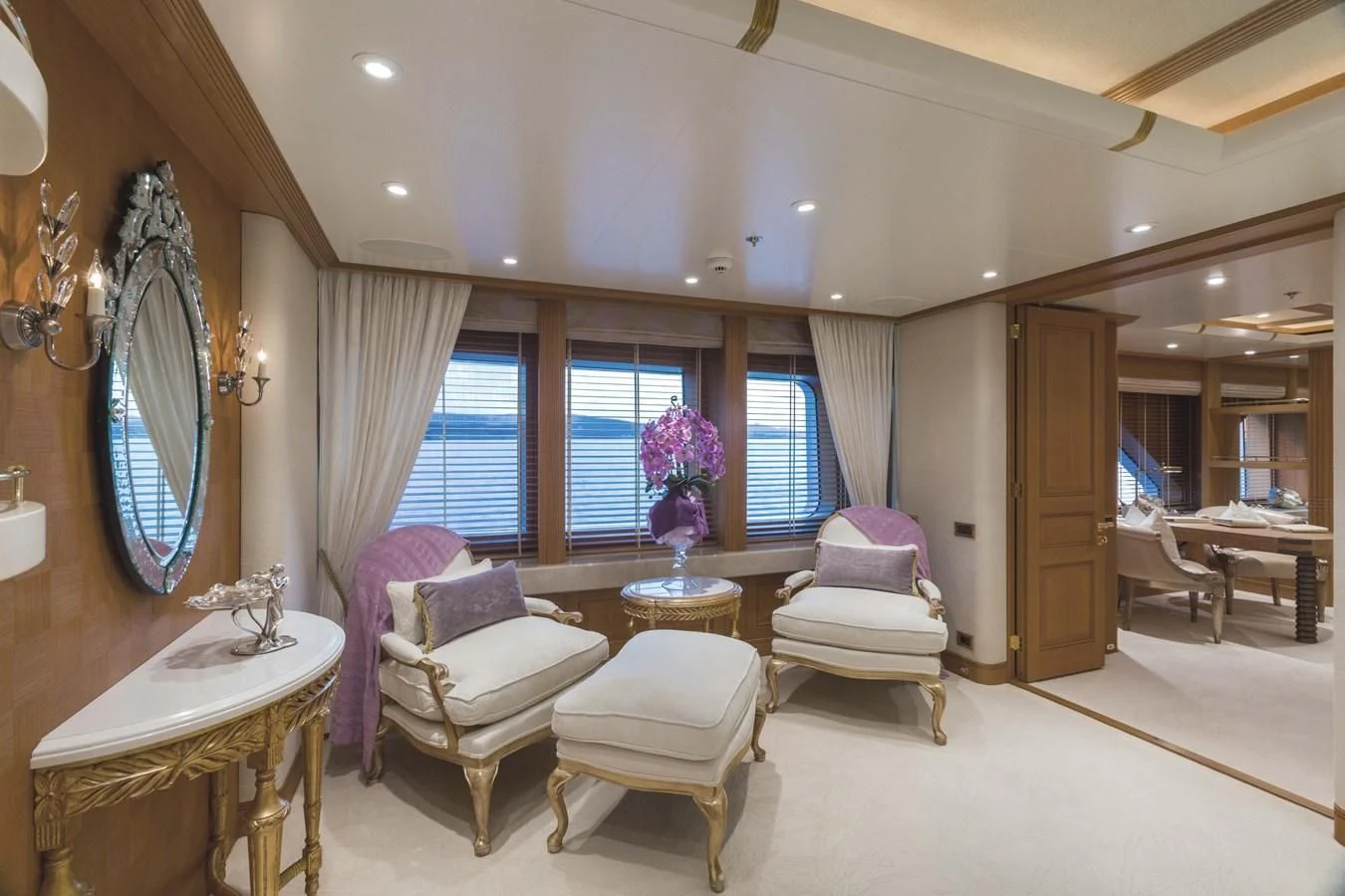 a room with a table chairs and a window aboard NECTAR Yacht for Sale