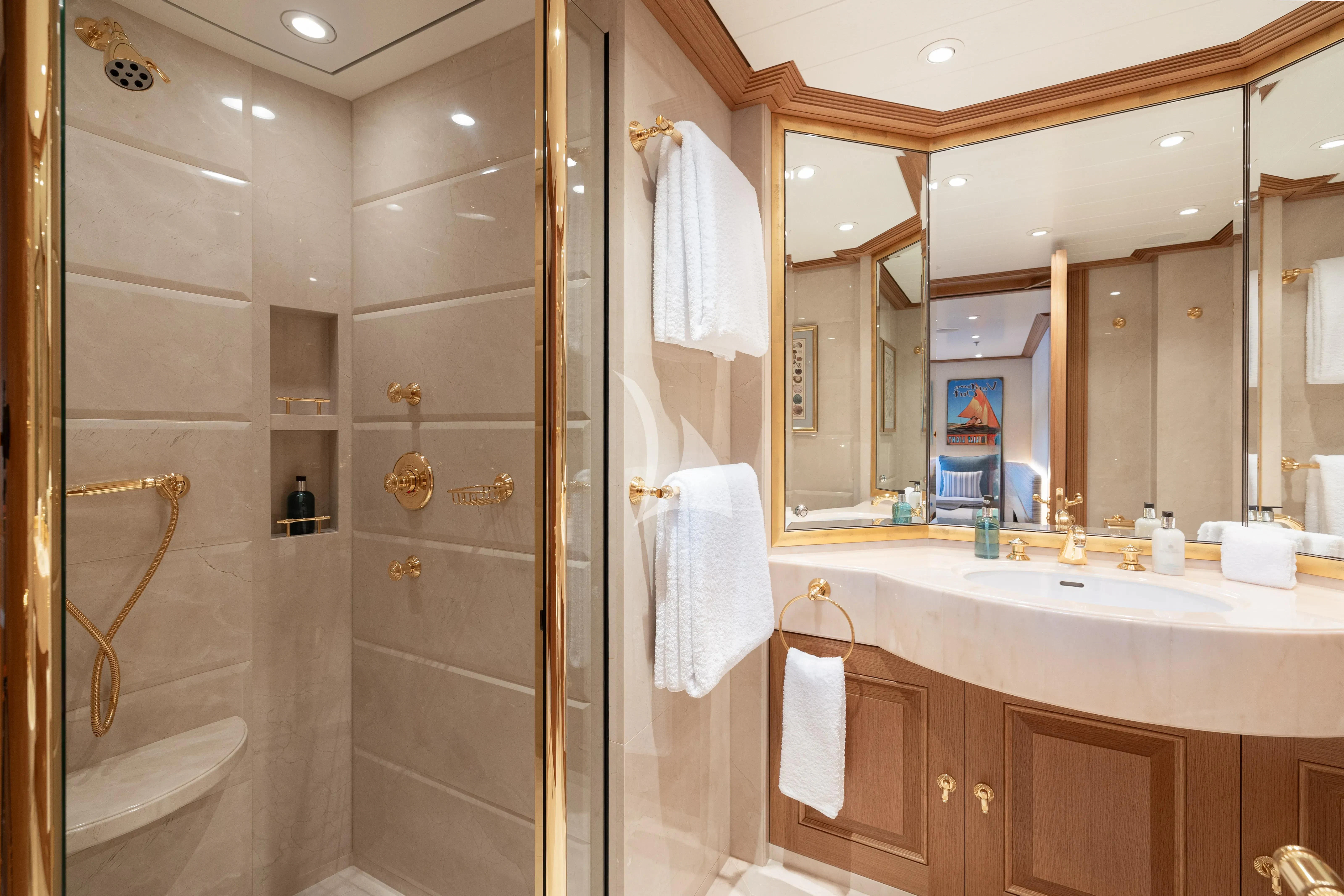 a bathroom with a shower unit and sink aboard NECTAR Yacht for Sale