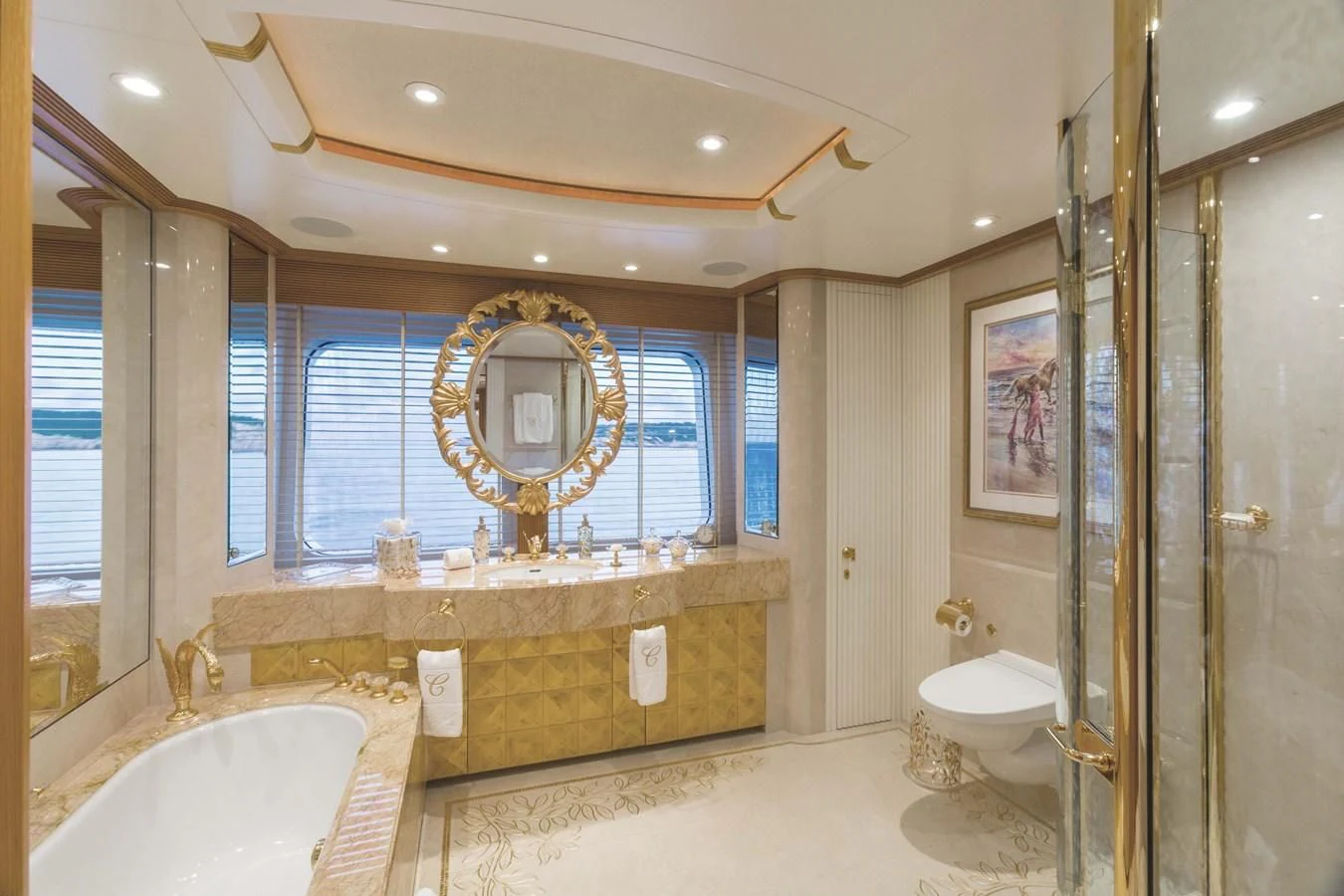 a bathroom with a large mirror aboard NECTAR Yacht for Sale