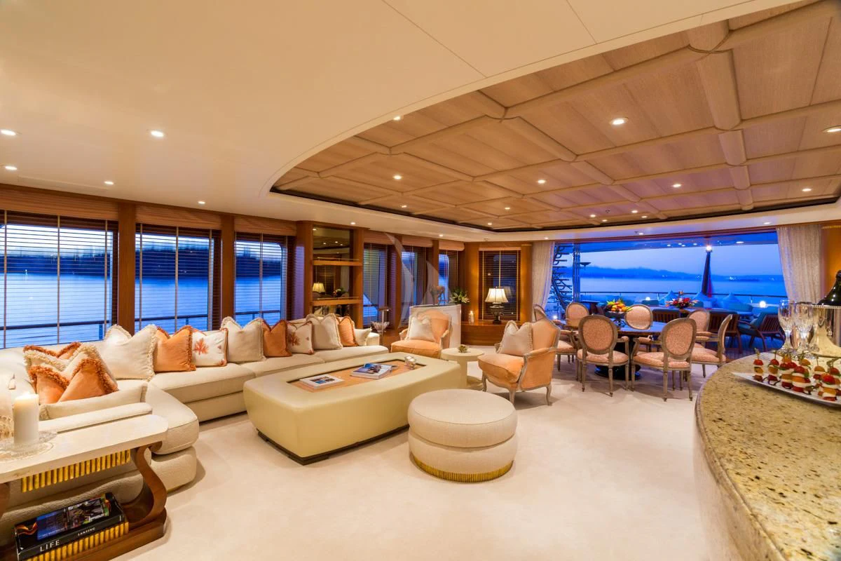 a living room with a large window aboard NECTAR Yacht for Sale