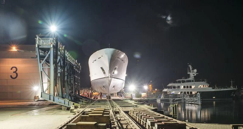 a large space ship on a dock aboard NECTAR Yacht for Sale