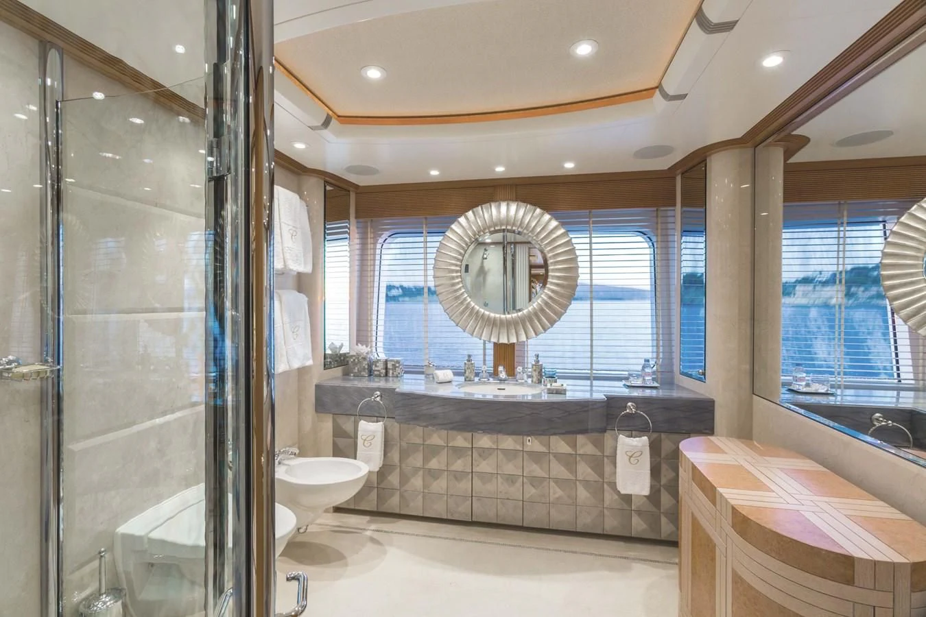 a bathroom with a large mirror aboard NECTAR Yacht for Sale