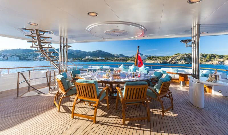 a table and chairs on a deck overlooking a large body of water aboard NECTAR Yacht for Sale