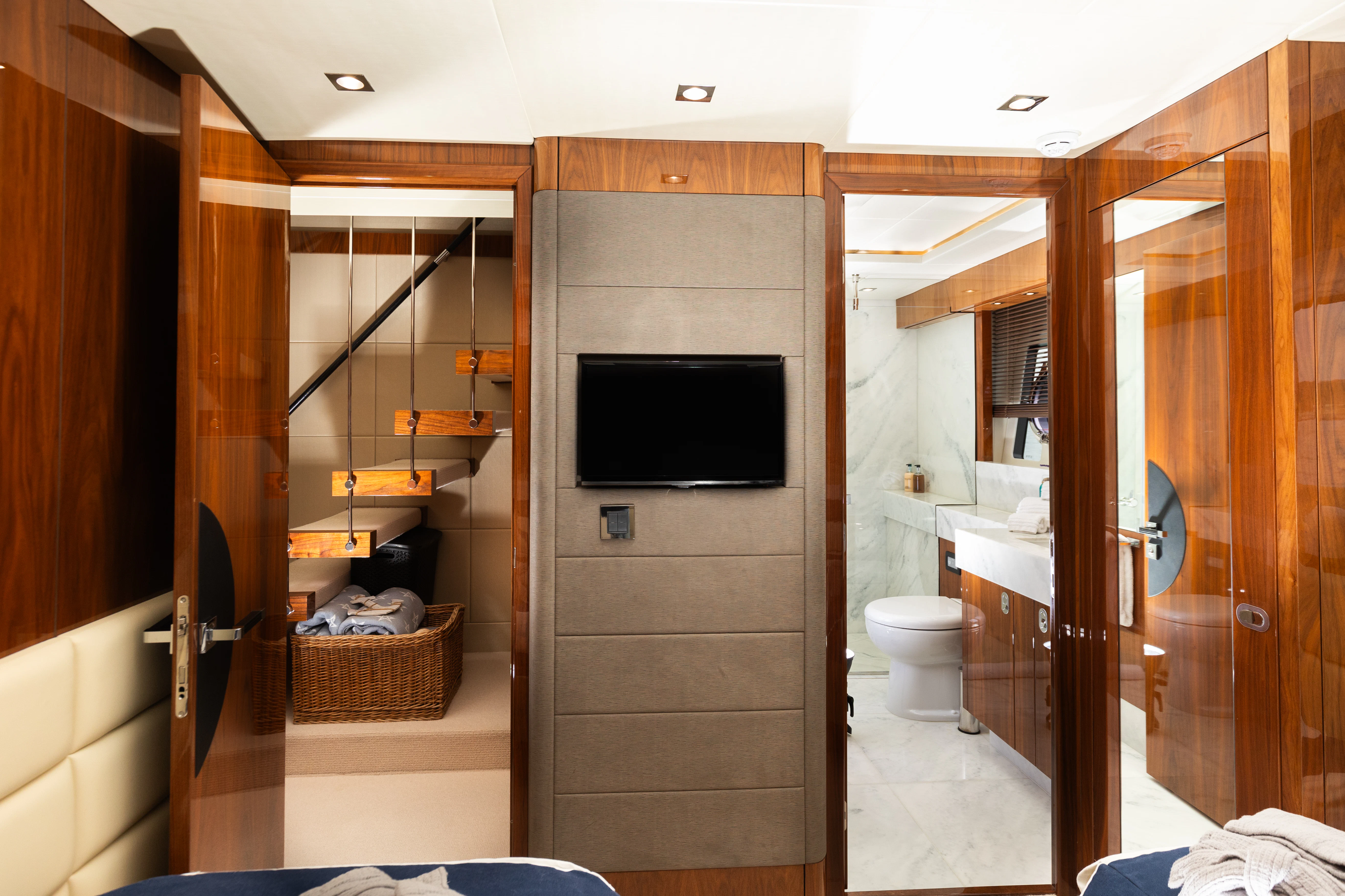 a bathroom with a glass shower aboard STARDUST OF MARY Yacht for Sale