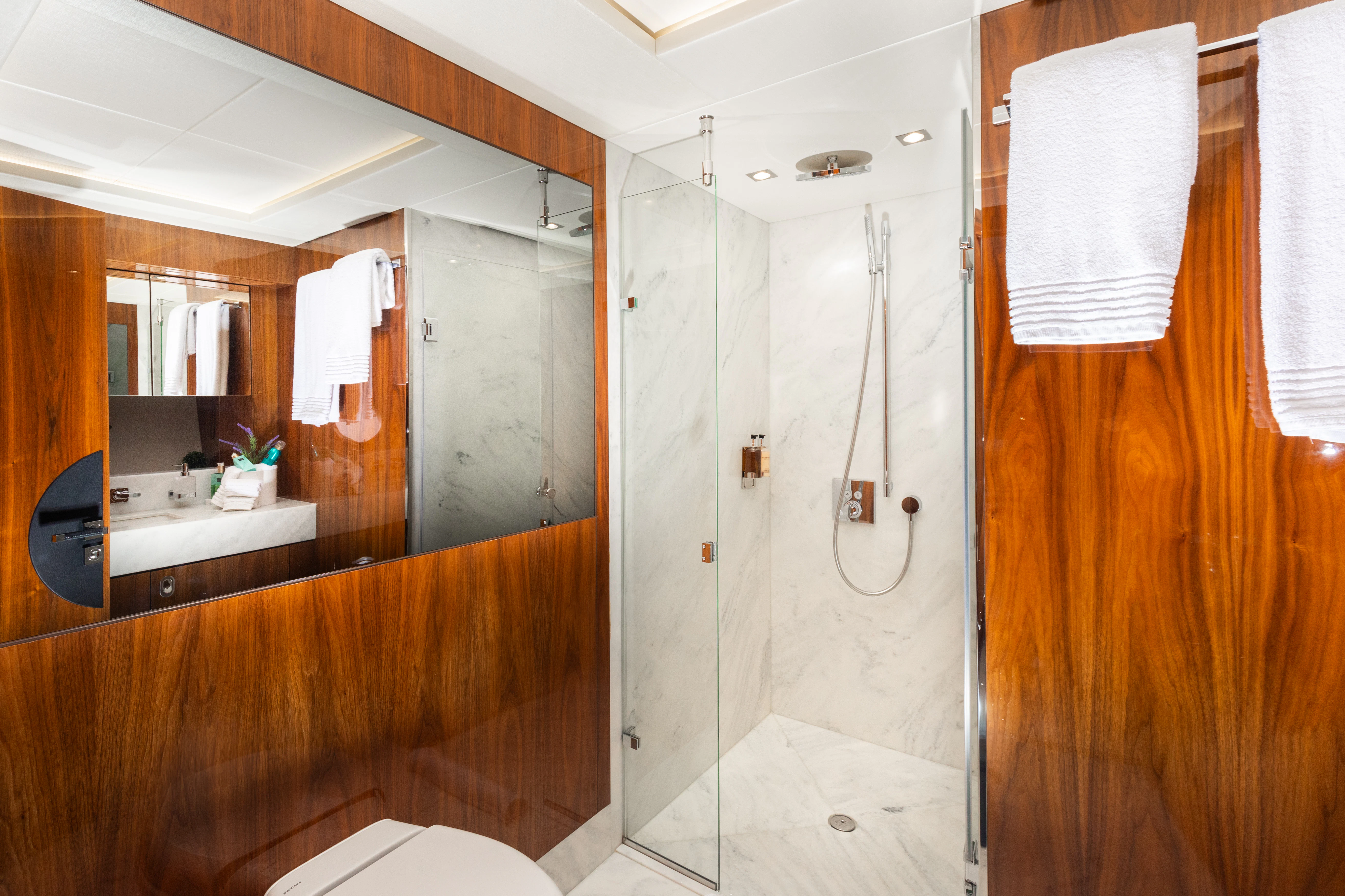 a bathroom with a shower and sink aboard STARDUST OF MARY Yacht for Sale