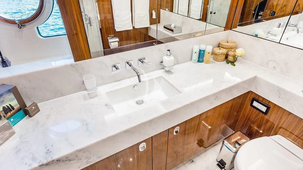 a bathroom with a large countertop aboard STARDUST OF MARY Yacht for Sale