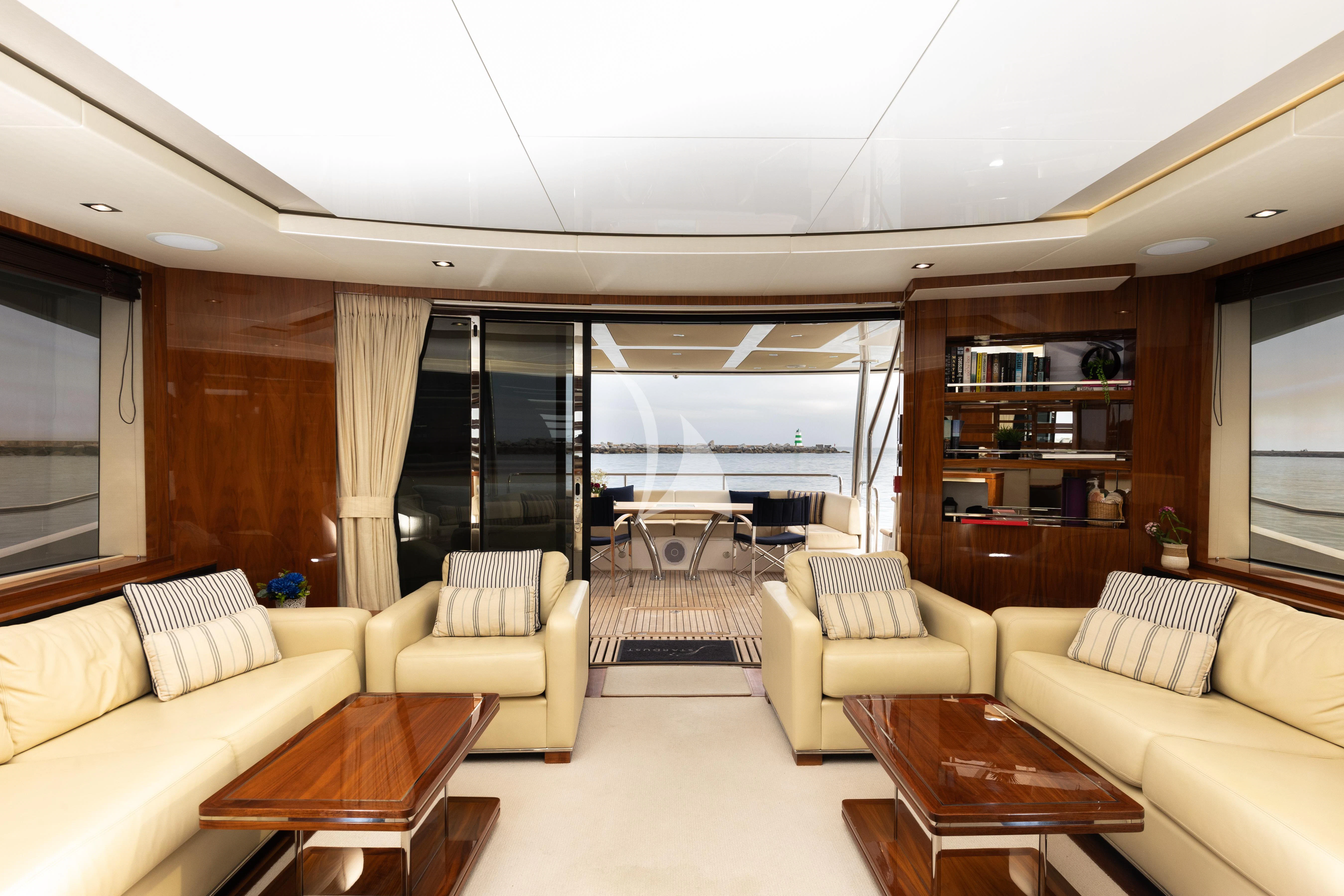 a living room with a large window aboard STARDUST OF MARY Yacht for Sale