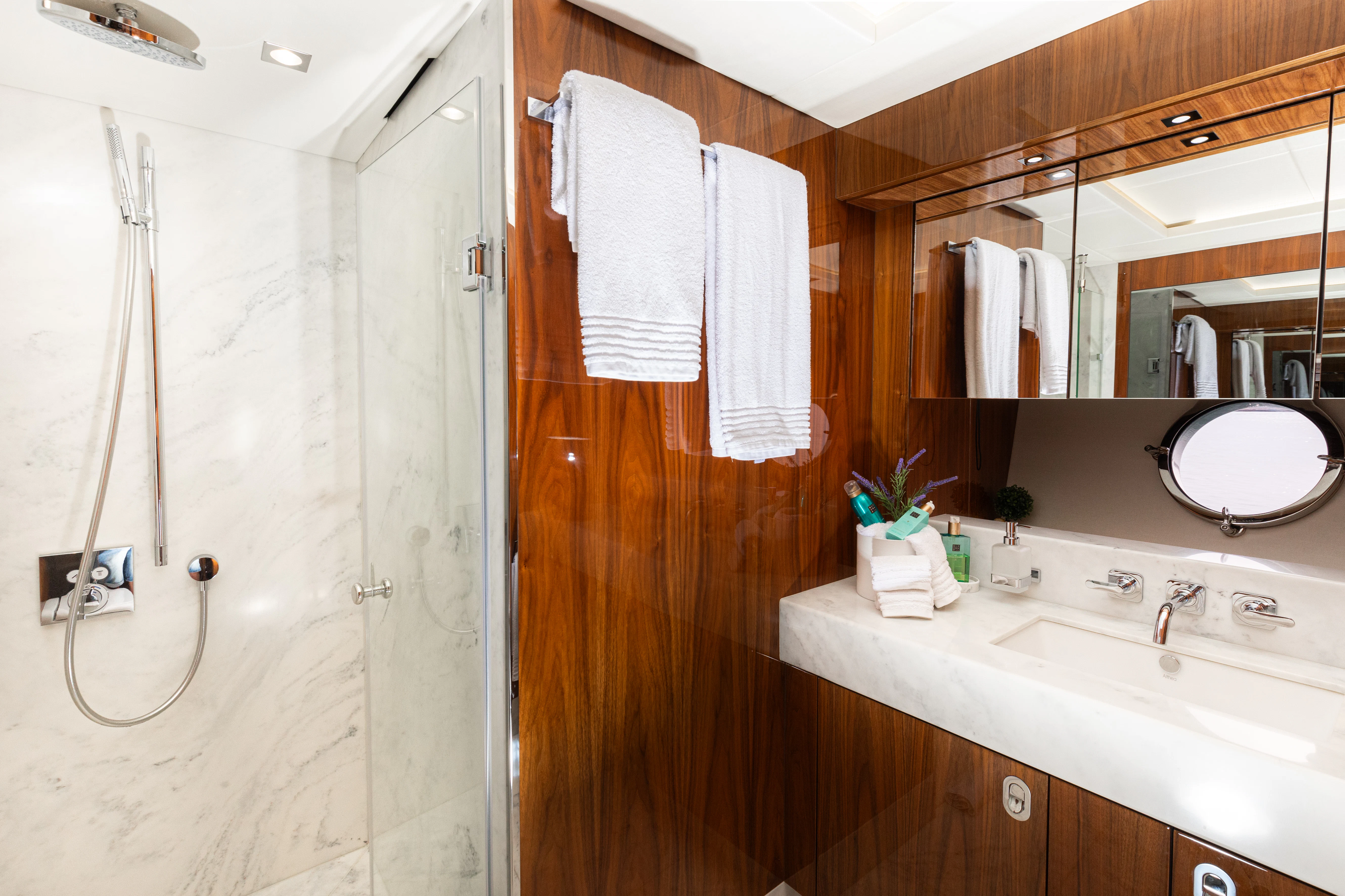 a bathroom with a shower and sink aboard STARDUST OF MARY Yacht for Sale