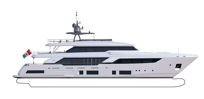 a white boat with a flag on it aboard FRANGELO Yacht for Sale