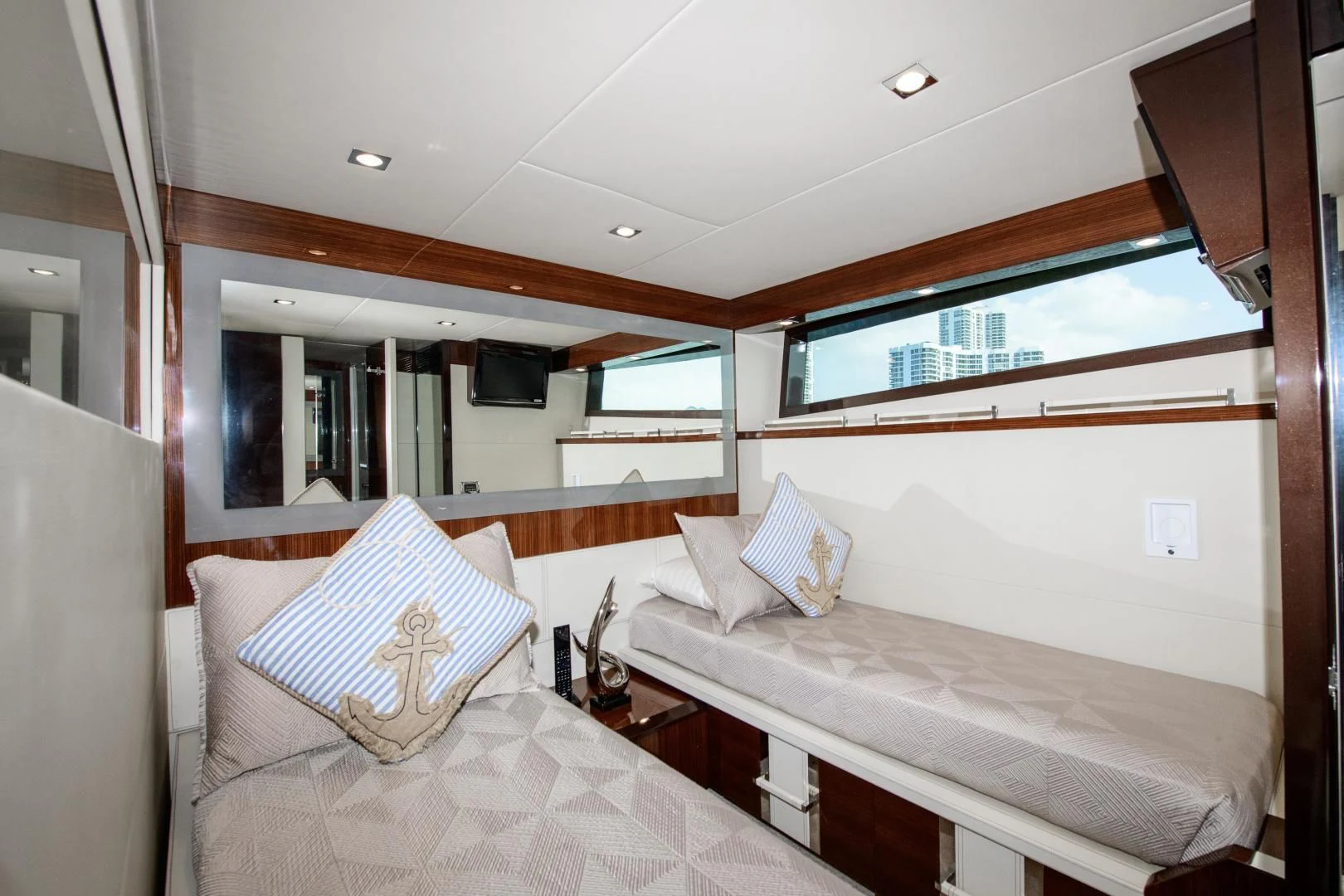 a room with two beds aboard CHAPTER II Yacht for Sale