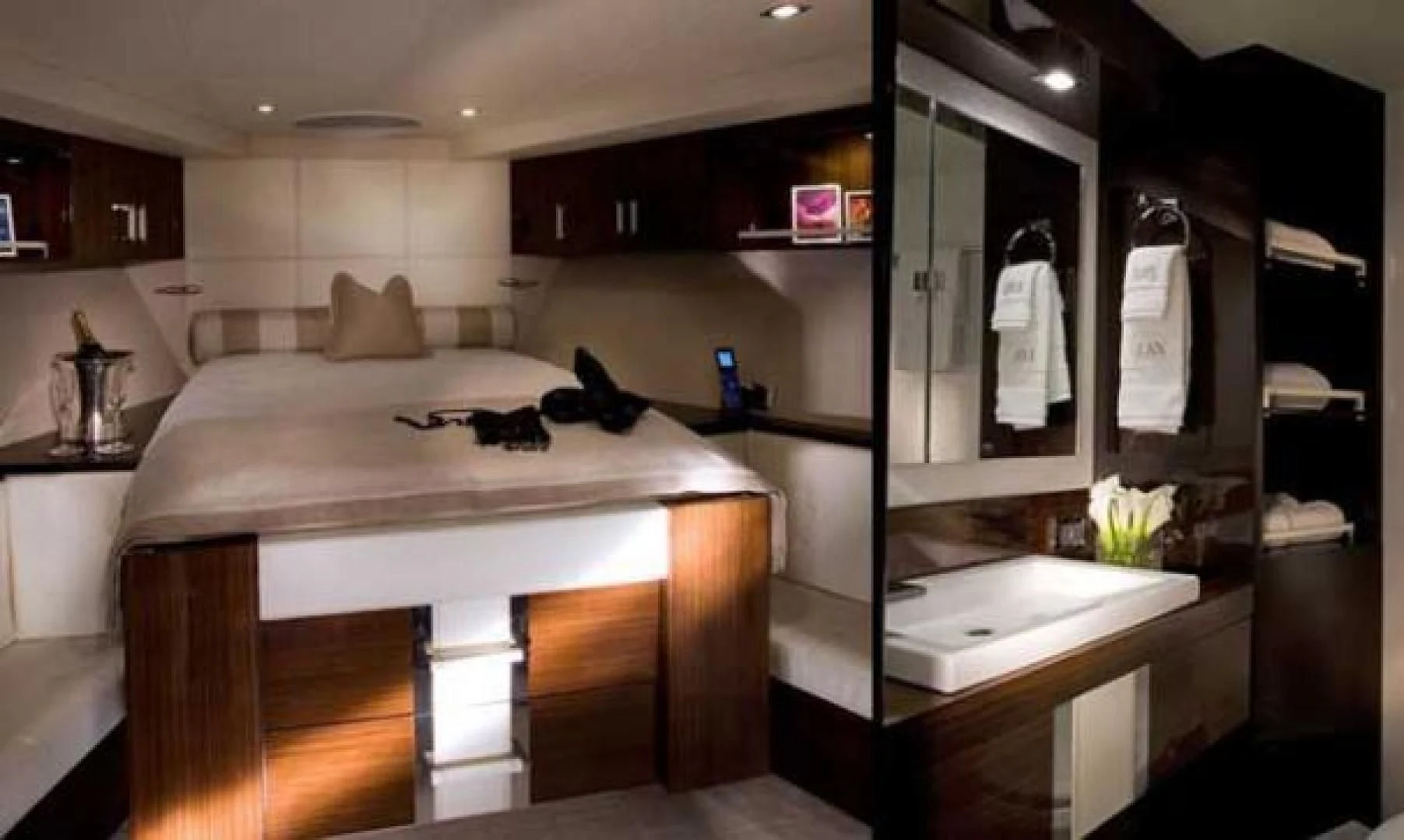 a bedroom with a large mirror aboard CHAPTER II Yacht for Sale