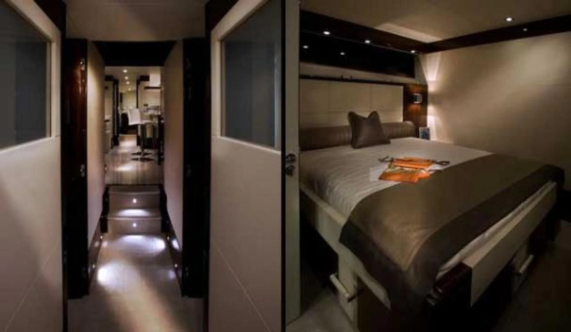 a bedroom with a bed and a door aboard CHAPTER II Yacht for Sale