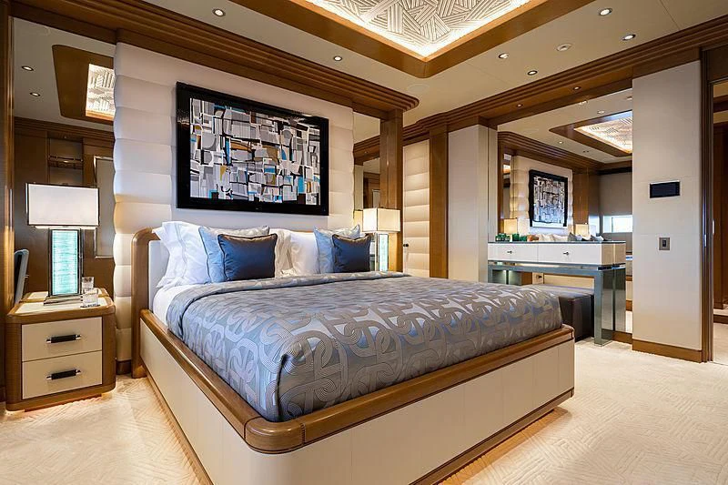a large bed in a room aboard MAR Yacht for Sale