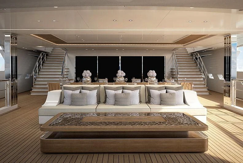 a large room with a large fireplace aboard MAR Yacht for Sale