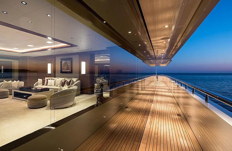 a deck with couches and a view of the ocean aboard MAR Yacht for Sale