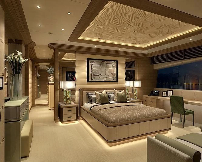 a living room with a large ceiling aboard MAR Yacht for Sale