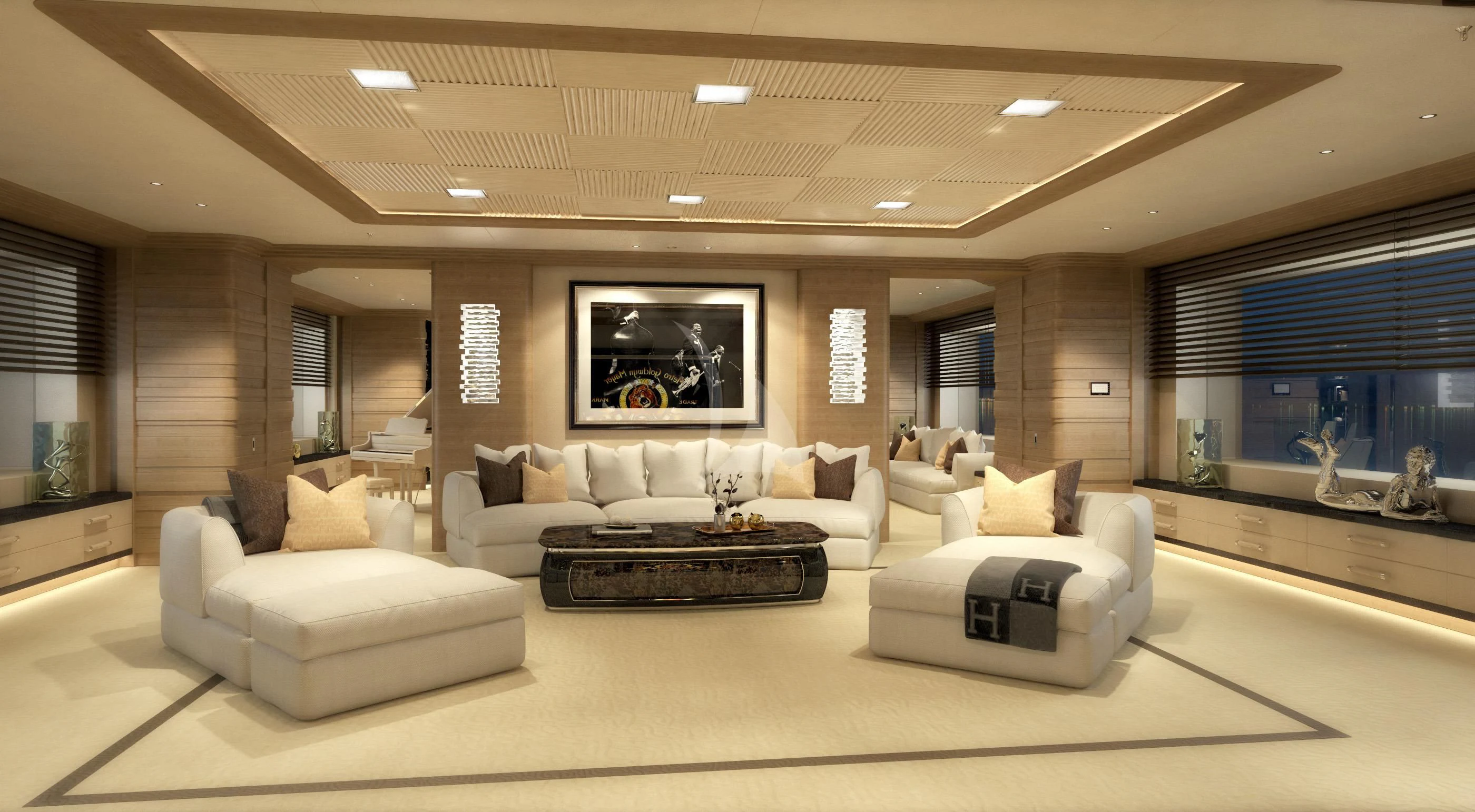 a living room with a large window aboard MAR Yacht for Sale