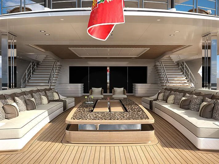 a room with a couch and a table and a red flag aboard MAR Yacht for Sale