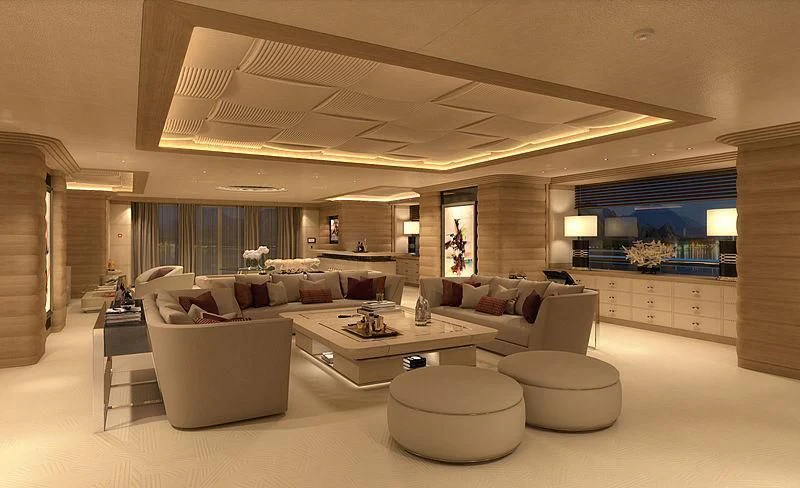 a large living room with white furniture aboard MAR Yacht for Sale
