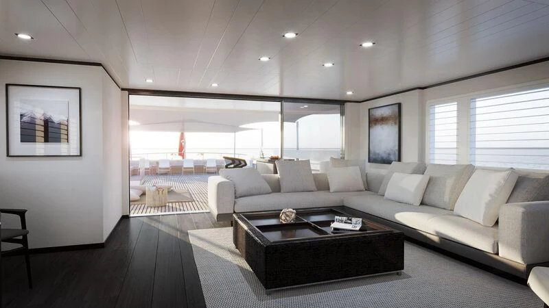 a living room with a couch and a coffee table aboard EMERALD Yacht for Charter