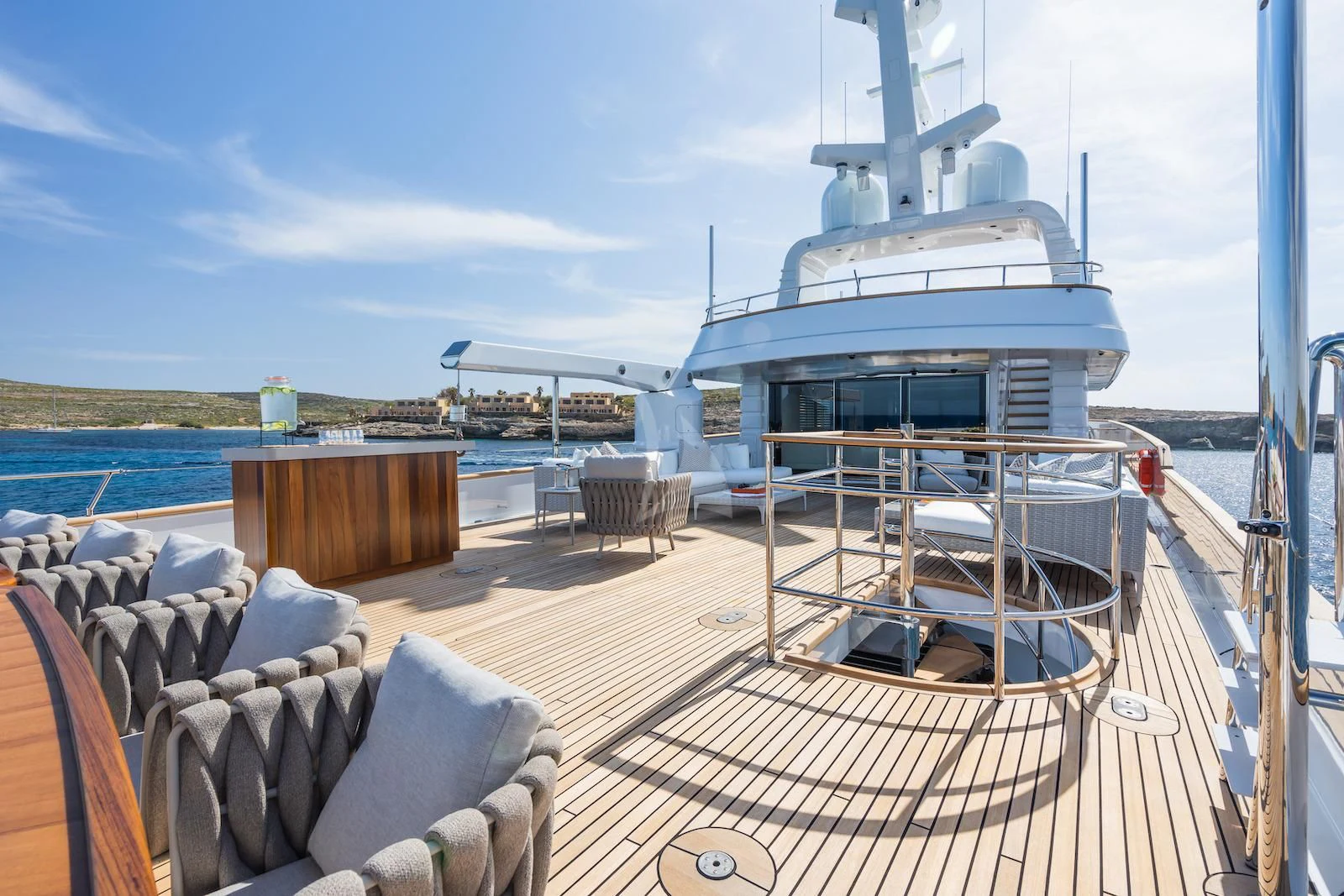a deck with a large ship on it aboard EMERALD Yacht for Charter