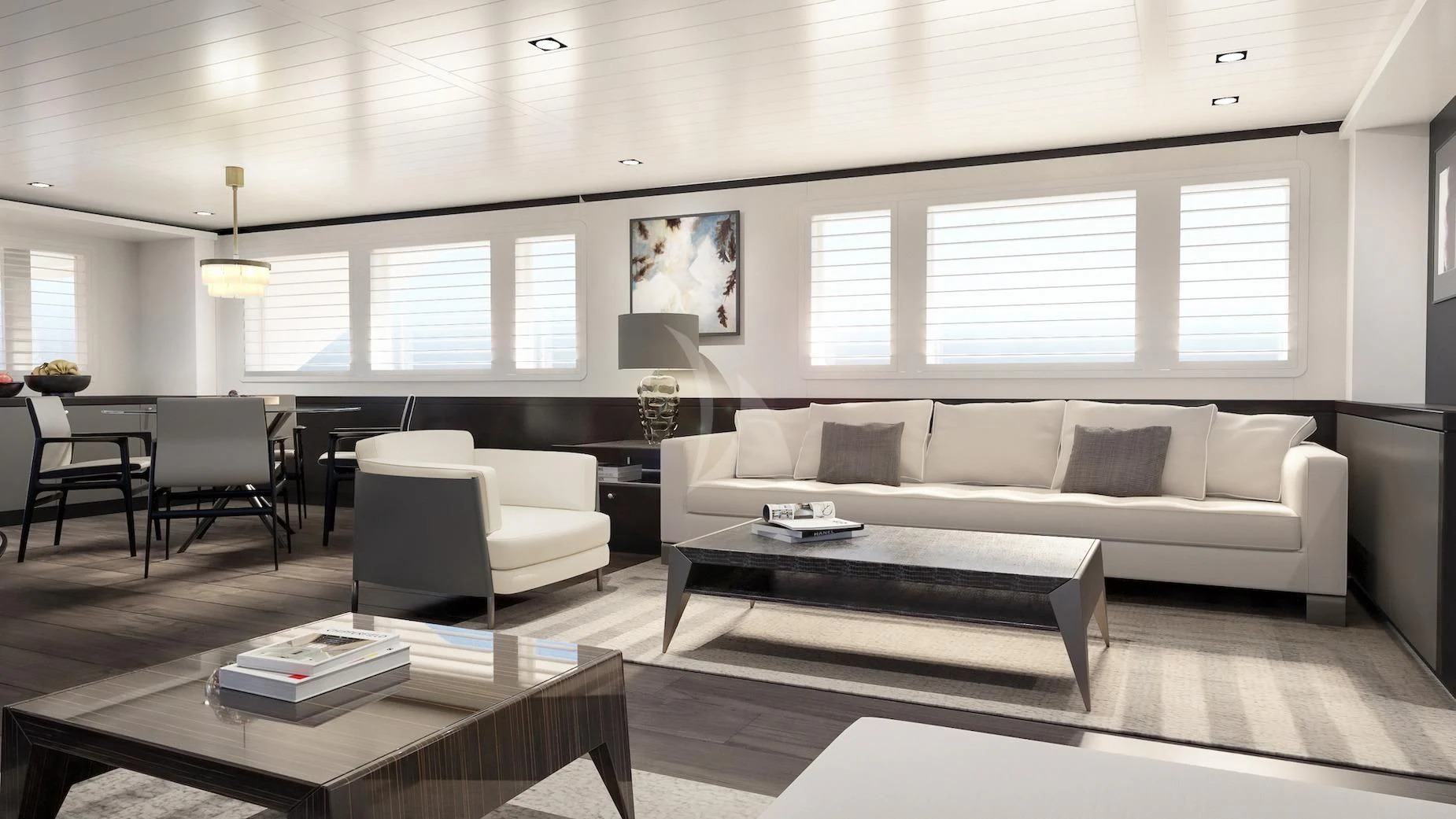 a living room with a couch and a coffee table aboard EMERALD Yacht for Charter