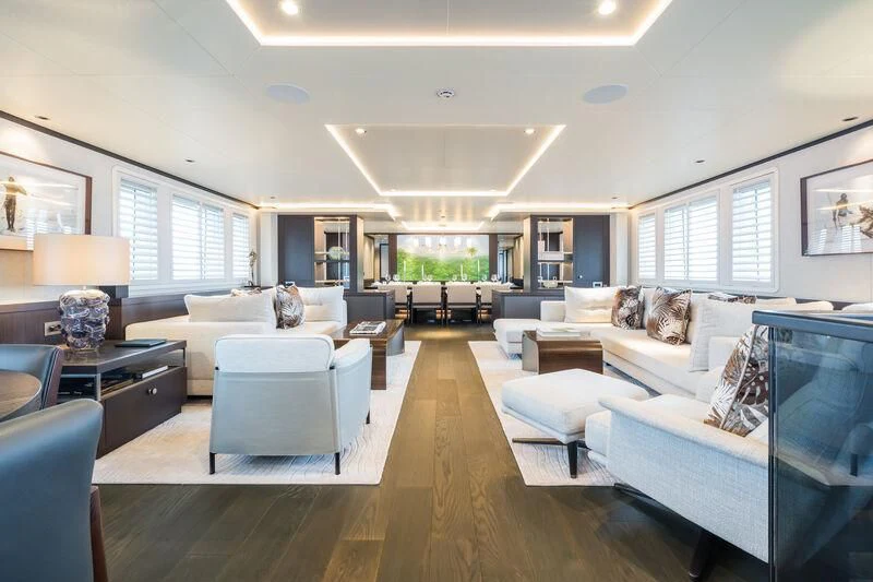 a living room with a large window aboard EMERALD Yacht for Charter