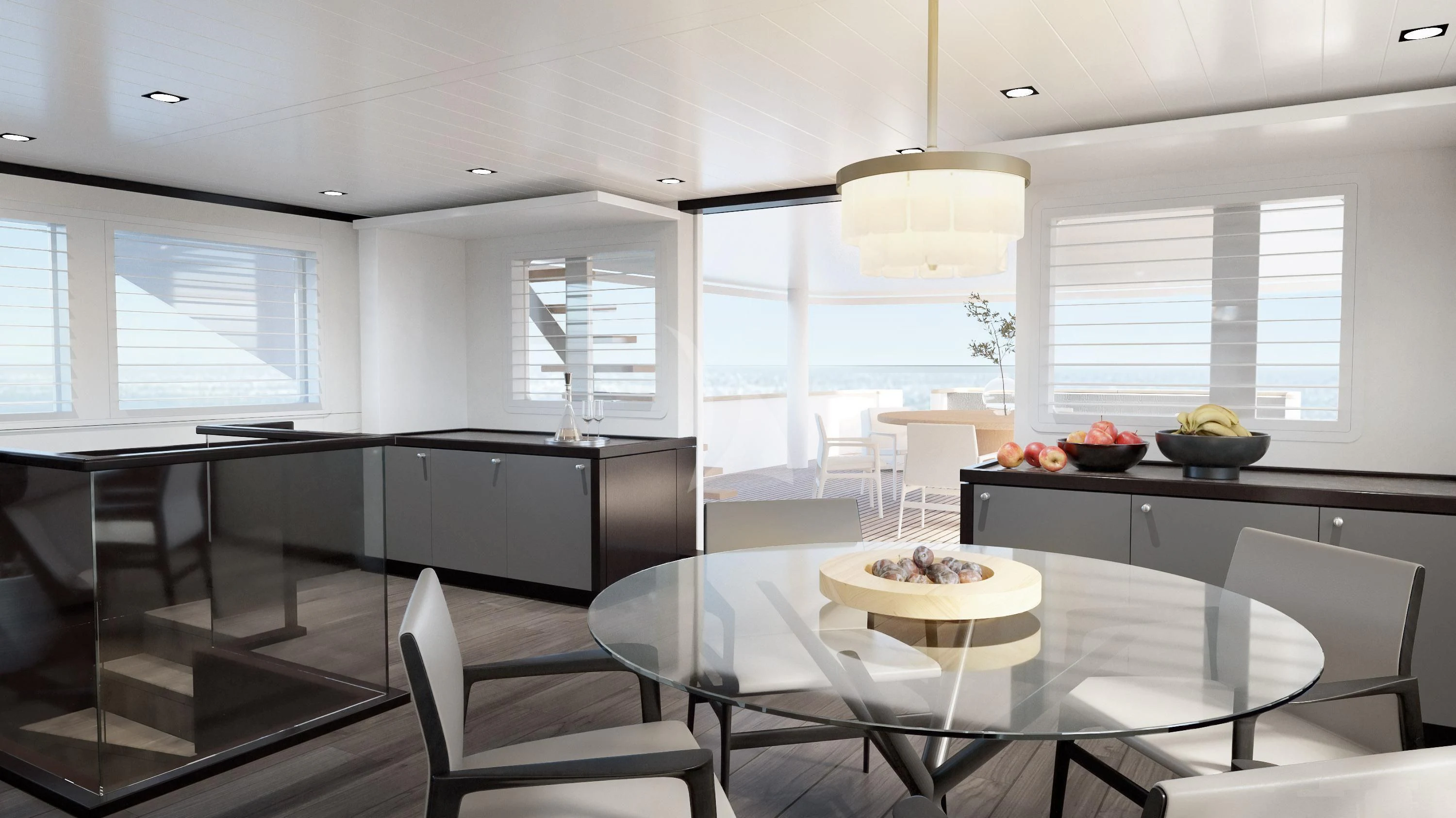 a modern kitchen with white walls aboard EMERALD Yacht for Charter