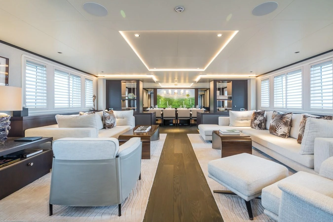 a living room with a large window aboard EMERALD Yacht for Charter