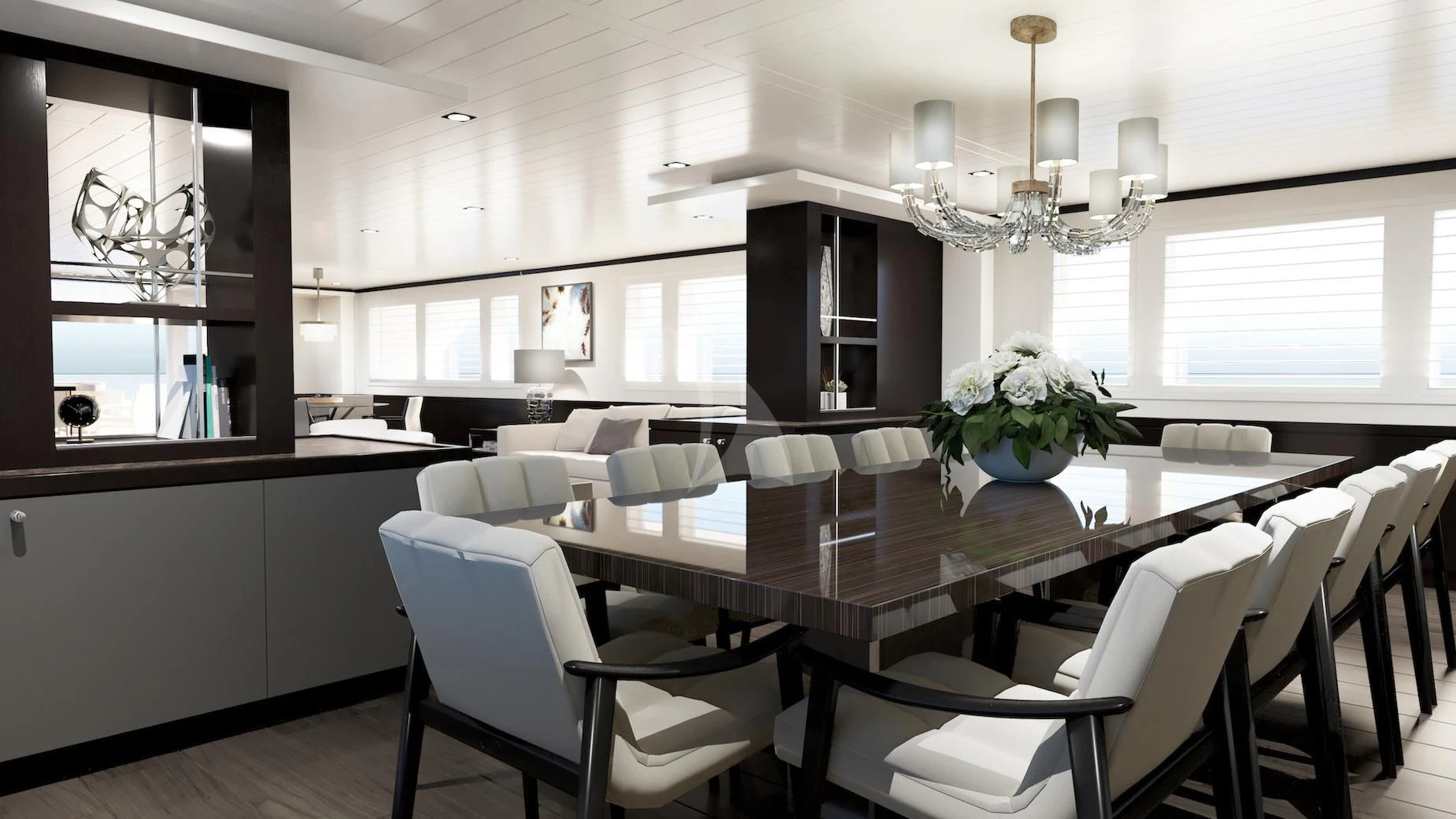 a dining room with white chairs aboard EMERALD Yacht for Charter