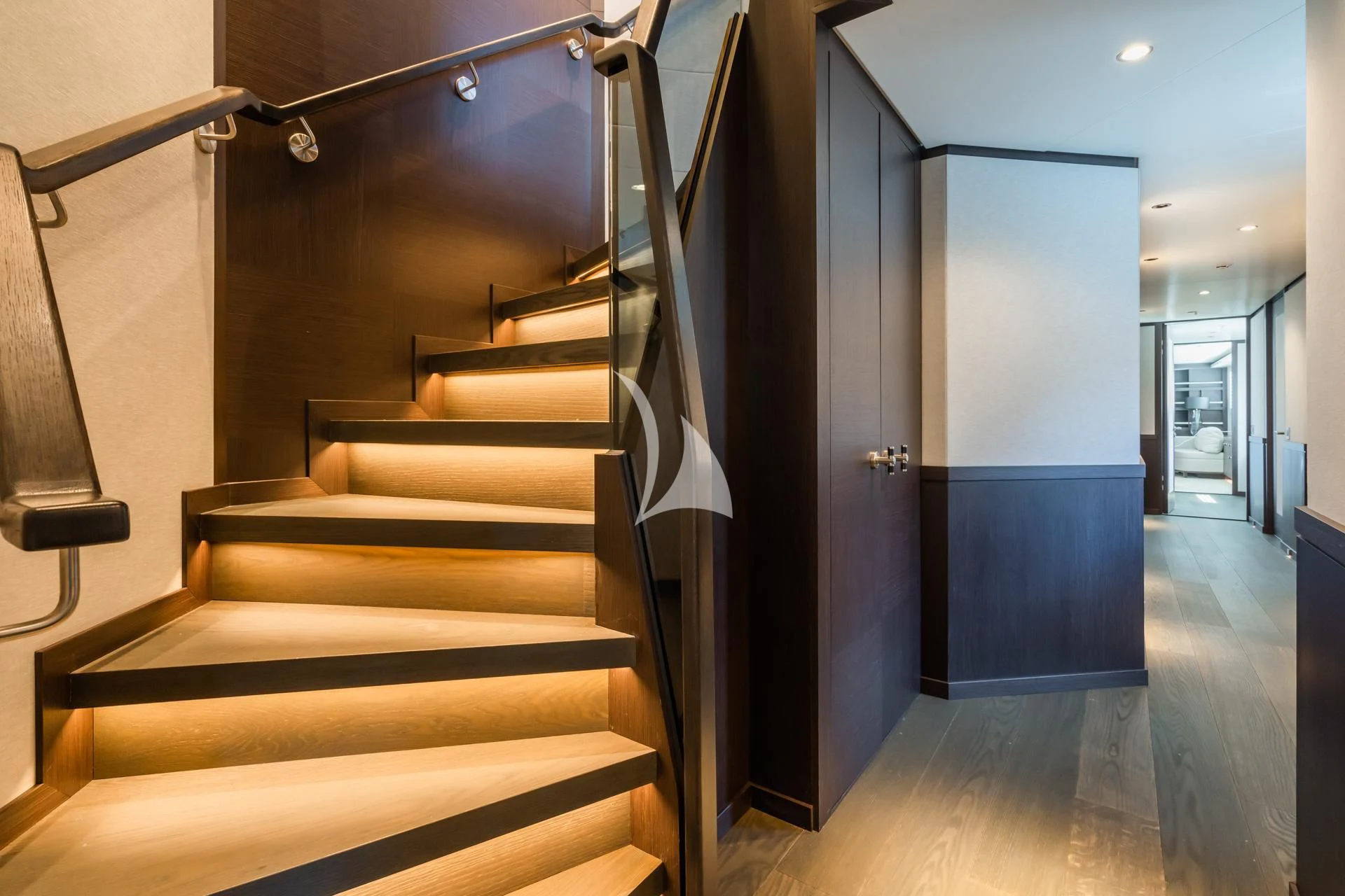 a set of stairs in a building aboard EMERALD Yacht for Charter