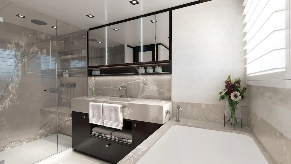 a bathroom with a large mirror aboard EMERALD Yacht for Charter