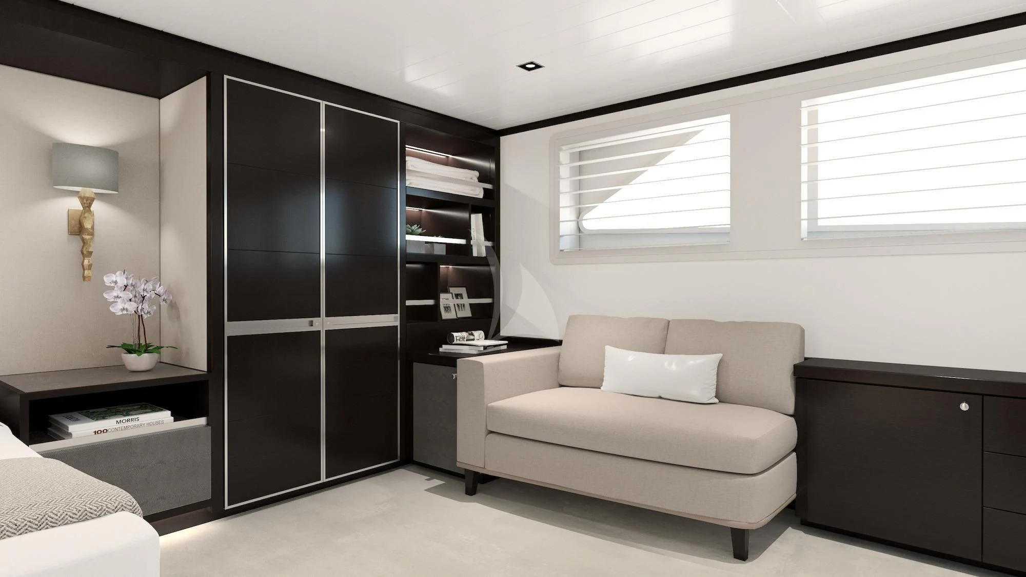 a living room with a couch and a large closet aboard EMERALD Yacht for Charter