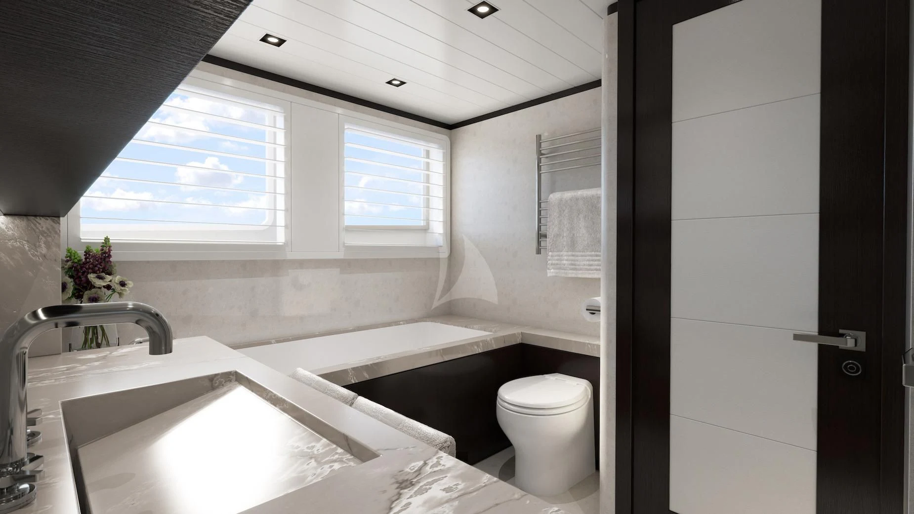 a bathroom with a tub sink and toilet aboard EMERALD Yacht for Charter