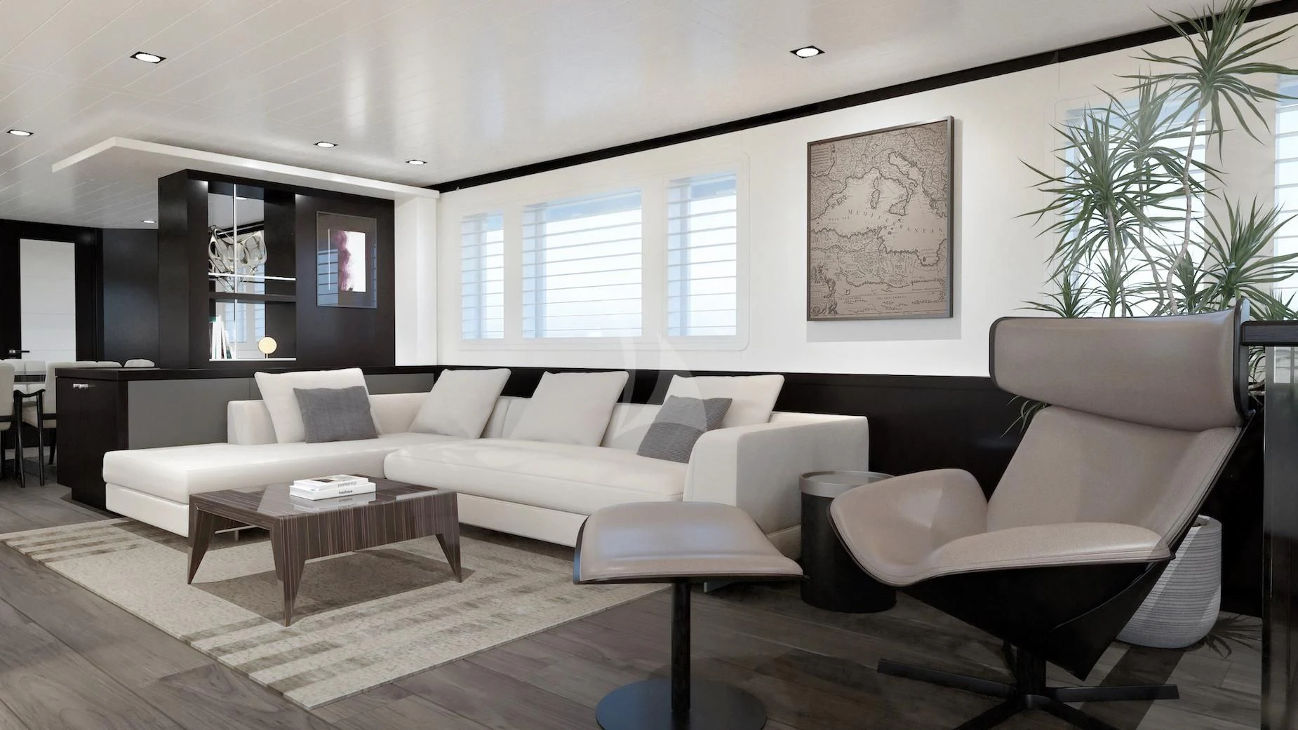 a living room with white couches aboard EMERALD Yacht for Charter