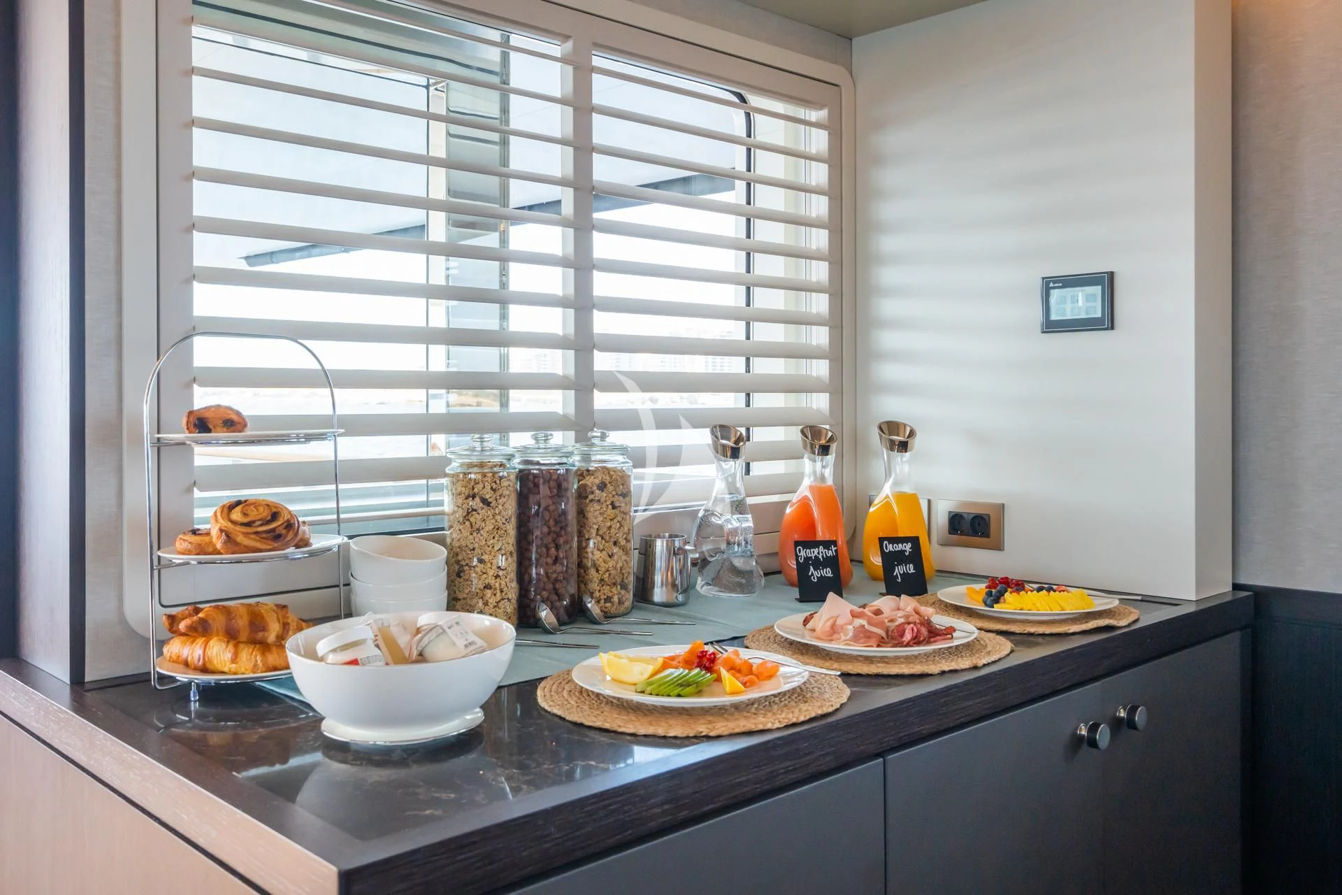 a kitchen counter with food on it aboard EMERALD Yacht for Charter