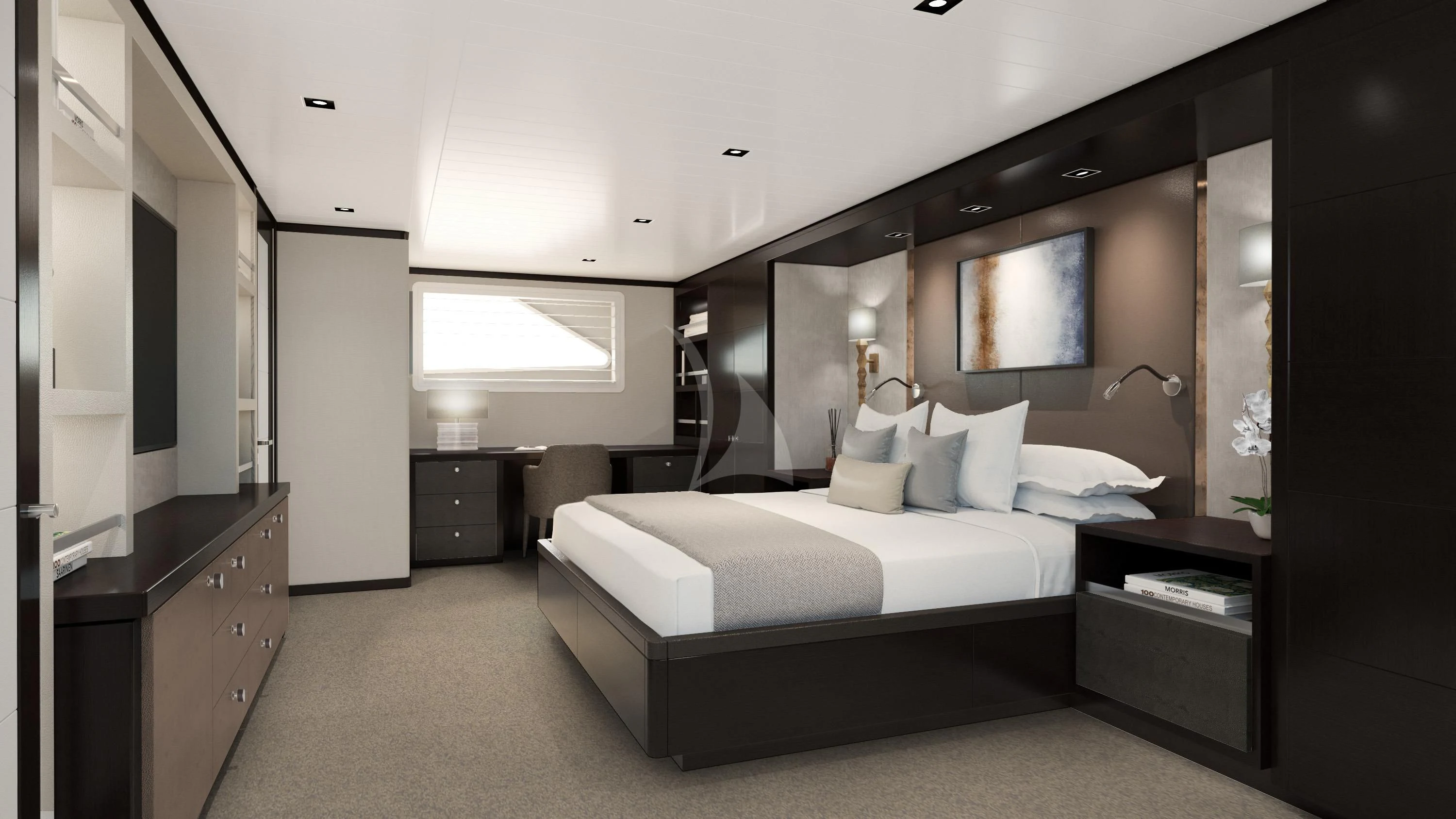 a bedroom with a bed and a desk aboard EMERALD Yacht for Charter