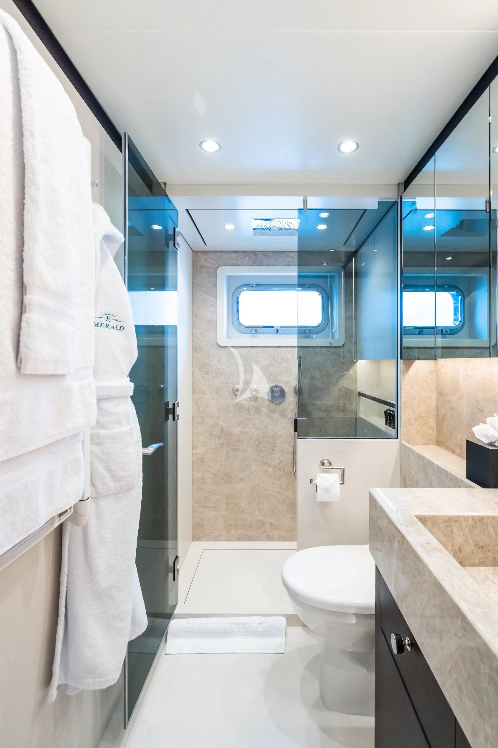 a bathroom with a sink and a toilet aboard EMERALD Yacht for Charter