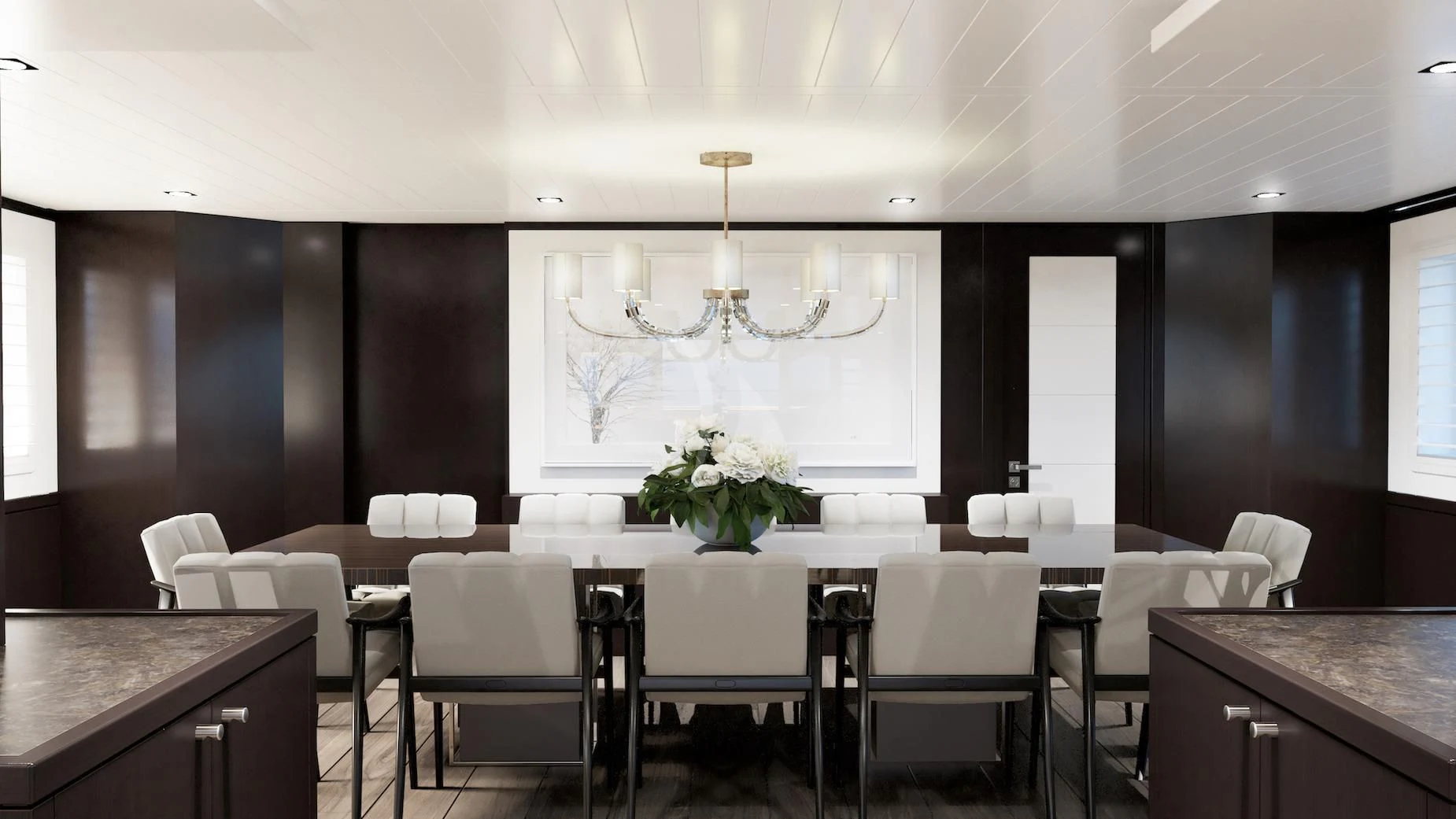 a room with tables and chairs aboard EMERALD Yacht for Charter