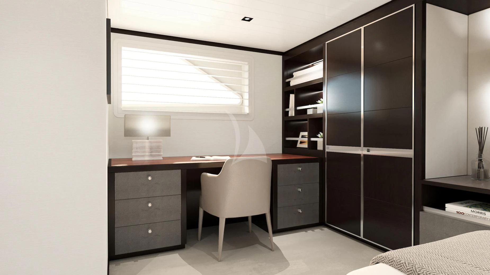 a room with a desk and a chair aboard EMERALD Yacht for Charter